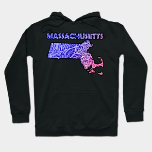 Colorful mandala art map of Massachusetts with text in blue and violet Hoodie